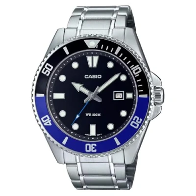Image of Casio MDV107D 1A2V Men&#039;s Stainless Steel 200M Black/Blue Bezel Black Dial 3 Hand Anlog Dive Watch, Blue, casual
