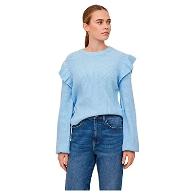 Image of Vila Women&#039;s Viril O Neck Flounce Knit Top Noos Sweater, Kentucky Blue/Detail: Melange, S
