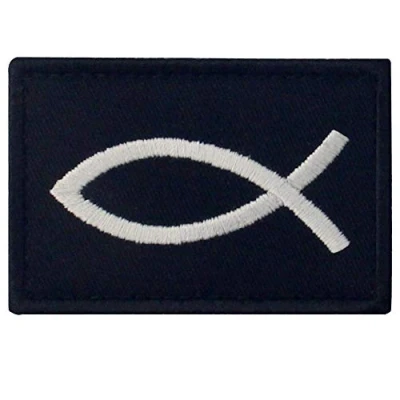 Image of Jesus Fish Ichthys Patch Embroidered Morale Applique Fastener Hook &amp; Loop Emblem White Black