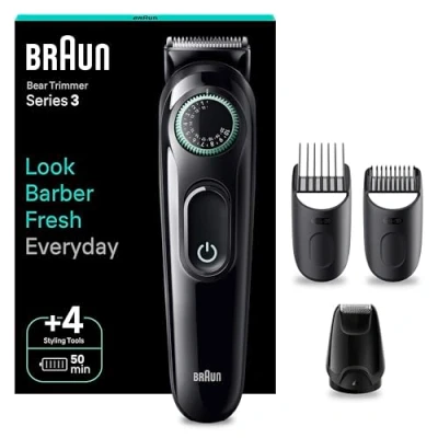Image of Braun Beard Trimmer Series 3 &amp; Hair Clippers, 40 Length Settings, Rechargeable 50 min Cordless Runtime, Gifts for Men, UK 2 Pin Plug, BT3421, Black/Vibrant Green