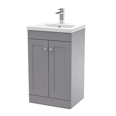 Image of nuie CLC223D Classique Floor Standing 2 Door Unit &amp; Mid Edge Ceramic Basin, 500mm, Satin Grey