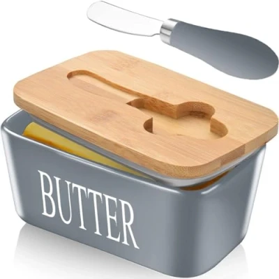 Image of Ceramic Butter Dish with Lid and Knife Porcelain Container Cutter Easy Spread Kitchen Accessories Tableware (Grey)