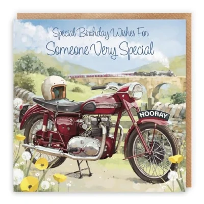 Image of Hunts England Large Someone Very Special Vintage Motorbike Birthday Card For Him Steam Train Countryside Classic Motorcycle Milo&#039;s Gallery Collection 210 x mm