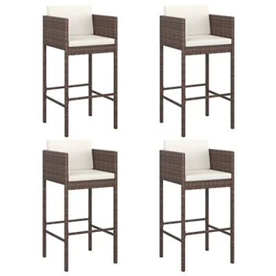 Image of vidaXL 4 Pcs Outdoor Bar Stools Set with Cushions Weather Resistant Poly Rattan Construction Brown Color Lightweight Powder Coated Steel Frame
