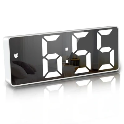 Image of JQGO Alarm Clock Digital Battery Powered, LED Travel Clocks Beside Mains Powered Non Ticking with Snooze Temperature Date Time Brightness Adjustable for Kids Adults (White)