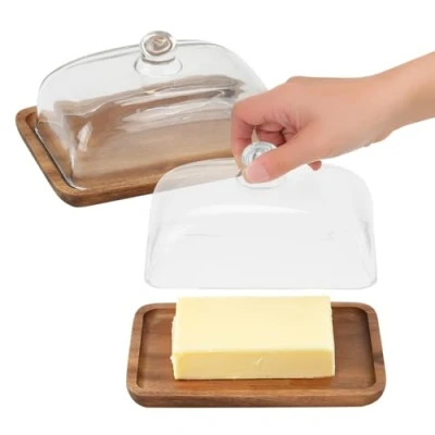 Image of 2 Set of Butter Dish with lid，Acacia Wood Square Cake Stand Cover, Multi Purpose Container and Wooden Serving Tray Ideal for Birthdays Presents Dinners Parties Decorations