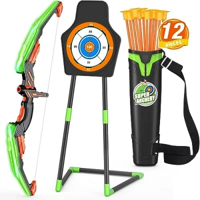 Image of HYES Bow and Arrow for Kids, LED Light Up Archery Set with 12 Suction Cup Arrows, 1 Standing Target, 3 Score Targets &amp; Quiver, Indoor Outdoor Sport Gifts Boys Girls Ages 4 12, Green