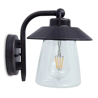 Image of Britalia Matt Black Rust &amp; Clear Glass Outdoor Vintage Swan Neck Down Lantern Wall Light IP44 Exterior Rated 20cm Height 1 x ES E27 Lamp Bulb Required Garden Patio Driveway
