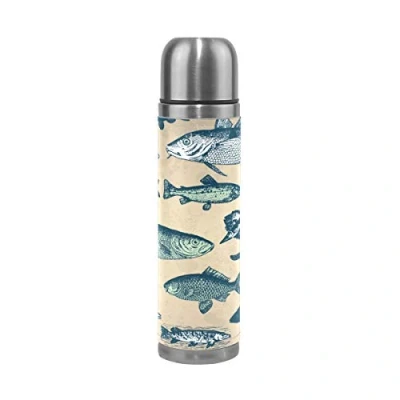 Image of Vintage Fishes Art Sport Water Bottle Pots Stainless Steel Insulated Vacuum Flask Leather Wrapped(500ML)