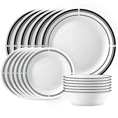 Image of Corelle 18 Piece Round Dinnerware Set, Service for 6, Lightweight Plates and Bowls Vitrelle Triple Layer Glass, Chip Scratch Resistant, Microwave Dishwasher Safe, Brasserie, Black