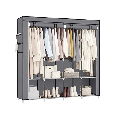Image of SONGMICS Clothes Wardrobe, Portable Closet, Garment Organiser Rack with 4 Hanging Rails, Shelves, Side Pockets, 170 x 45 167 cm, Large Capacity for Bedroom, Living Room, Grey RYG094G02
