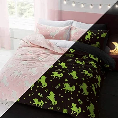 Image of Night Zone Unicorn Glow In The Dark Pink Kids Boys Girls Grey Reverse Soft Feel Fleece Duvet Cover Quilt Bedding Set with Pillowcases (Double, Unicorn)