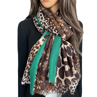 Image of The Accessory Co. Ladies Large Leopard Print Scarf for Women, Animal Scarves, Long Neck Scarf, Designer Shawl Wrap Tiger Zebra, Mustard Yellow Green Pink (Bright Green)