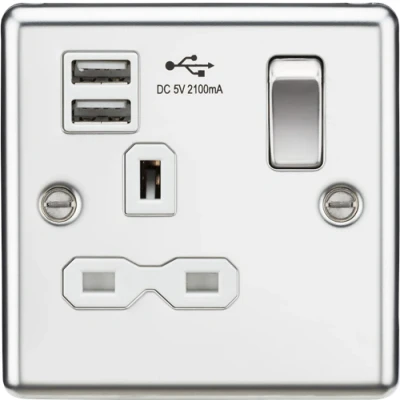 Image of KnightsBridge 13A 1G Switched Socket Dual USB Charger Slots with White Insert Rounded Edge Polished Chrome