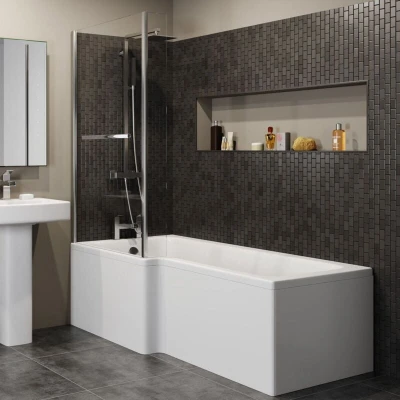 Image of Ceramica L Shaped Shower Bath Bundle 1600mm Left Hand Inc. Screen with Rail &amp; Front And End Panel
