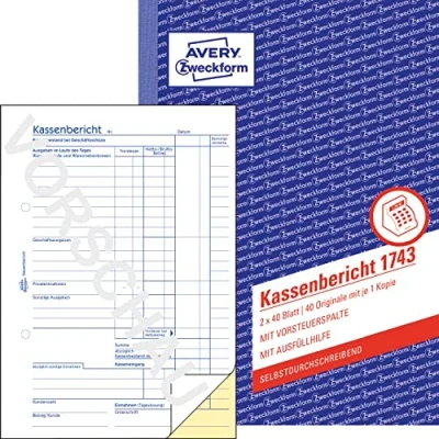 Image of AVERY Zweckform 1743 Cash Report (A5, 2 x 40 Sheets, Self Copying, Retrograde Determination of Daily Revenue, Tested by Legal Experts, for DE/AT, Proper Accounting, White/Yellow