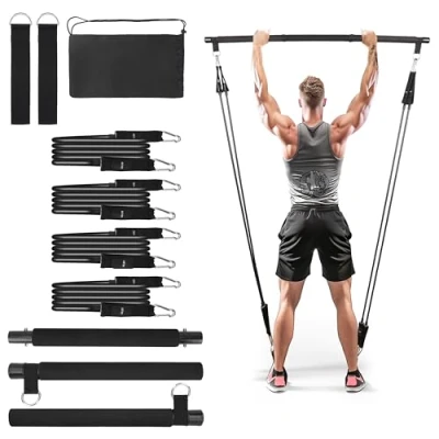 Image of Belle Vous Pilates Bar Kit with 4 Resistance Bands Fitness Equipment for Home Gym Workout, Yoga, Stretching &amp; Full Body Training 3 Section Exercise Stick Set Men Women