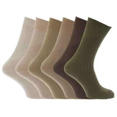 Image of Universal Textiles Mens 100% Cotton Ribbed Classic Socks (Pack Of 6) (UK Shoe 6 11, EUR 39 45) (Brown/Beige/Olive)