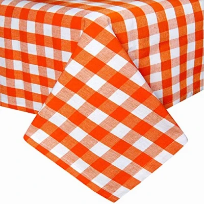 Image of HOMESCAPES Orange Gingham Table Cloth Block Check Pattern 100% Cotton Square 137 x cm (54 54) Kitchen and Dining Room for 4 Seater