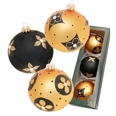 Image of Dekohelden24 Lauschaer KGL11112 Christmas Tree Decorations Set of 3 Glass Baubles in Gold and Matt Black Hand Blown Decorated with Crowns Diameter Approx. 8 cm
