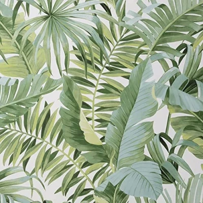 Image of Full Roll White Green Maui Leaf Wallpaper Tropical Jungle Palm Modern Natural