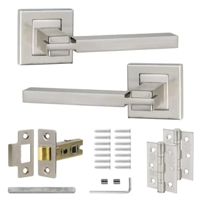Image of Decoranddecor Nexus Door Handle Lever Satin Nickel on 54mm Square Rose Aluminium (Latch and Hinge Kit)