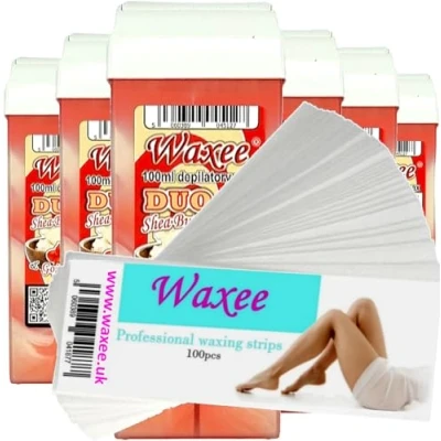 Image of Roll on wax roller cartridge 100ml Waxee DUO refill 6pcs+ 100 waxing strips (DUO Lemon &amp; Honey)