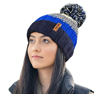Image of RockJock R80 Unisex Mens Ladies Thermal Insulating Striped Beanie Bobble Hat with Cosy Fleece Lining
