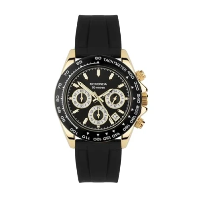Image of Sekonda Classic Circuit Men&#039;s 43mm Chronograph Watch in Black with Analogue Date Display, and Silicone Strap 30202
