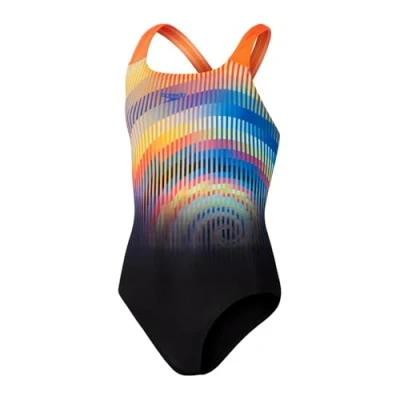 Image of Speedo Girls Digital Placement Powerback Swimsuit for kids, Size: 13 14y, Black/siren red/lemon drizzle