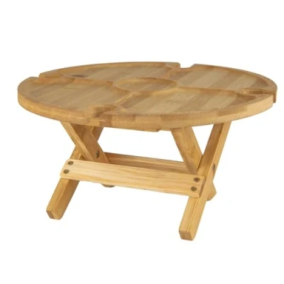 Image of VFM e Store Bamboo Folding Snack Table, Wine Glass Holders Portable Picnic Compartments Outdoors Camping Hiking Holidays Festivals Travel