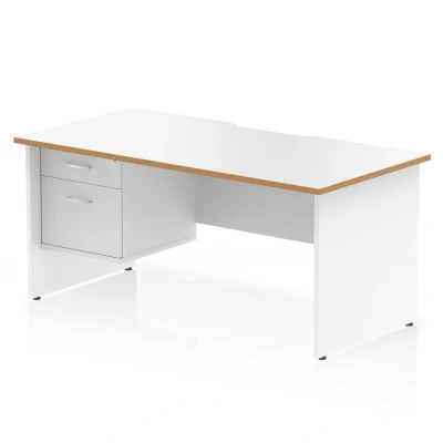 Image of Oslo 1600 x 800mm Edge Office Desk White Top Natural Wood Panel End Leg Workstation 1 2 Drawer Fixed Pedestal