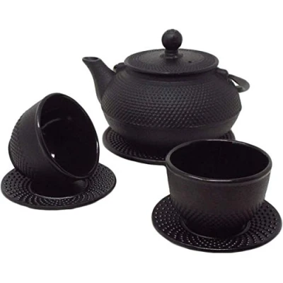 Image of Vintage Gourmet ® Tetsubin Japanese Style Cast Iron Black Hobnail Teapot Set, Kettle 0.6L, Trivet, Cup &amp; Saucer X 2
