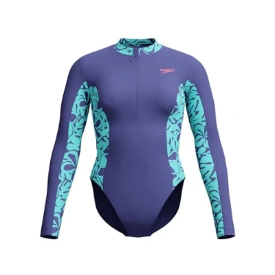 Image of Speedo Women&#039;s Long Sleeve Panel Swimsuit Swimming Costume Hapuna Blue Size 34&quot; Approx UK 12