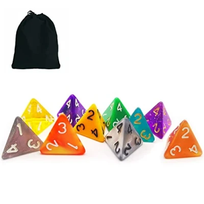 Image of Bescon 10pcs Set of Polyhedral 4 Sided Dice Cube, 10 Count Assorted Random Multi Effected&amp;Colored Pack D4 in Drawstring Pouch