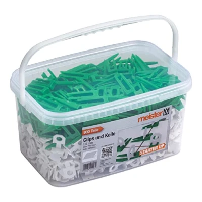 Image of Meister Starter 4427700 Levelling System for Tiles 900 Pieces 1.0 mm Thickness Tile 7 15 700 Clips &amp; 200 Spacers/Tile Aid/Laying Aid with Wedges