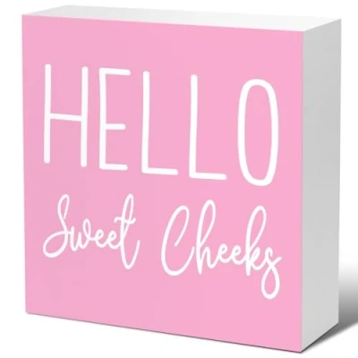 Image of Funny Bathroom Wood Block Signs,Hello Sweet Cheeks Wooden Box Sign for Shelf Toilet Restroom Home Tabletop Desk Decor,Rustic Decor Pink 5x5 Inch