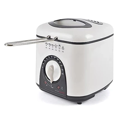 Image of KitchenPerfected 1.0Ltr Compact Deep Fryer / Non Stick Thermostat Control Frying Basket With Removable Handle Slip Feet Detachable Lid Viewing Window Ivory White E6010WI