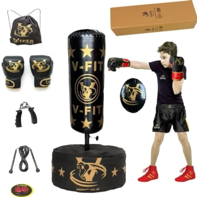 Image of Children Free Standing Boxing Punching Bag Stand For Kids Target Heavy Duty Punch Bags Kick MMA Adjustable Height Black V FIT Set