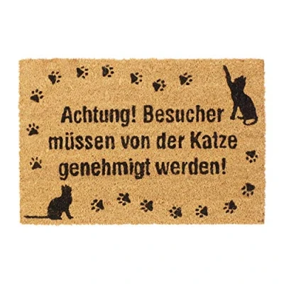 Image of Relaxdays Coir Doormat Indoor &amp; Outdoor, Entry Rug with Cats and German Phrase, Non Slip, HxW: 60x40 cm, Natural/Black, Coco