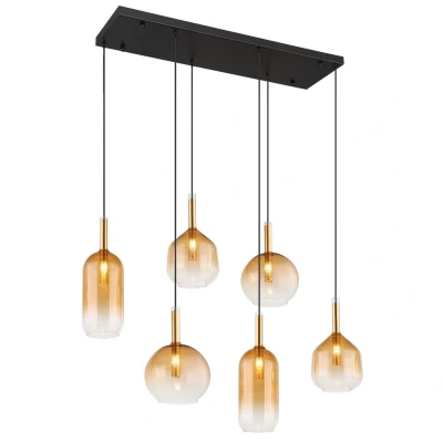 Image of Lopusa Cluster Pendant Ceiling Light Matt Black Amber Glass Shade 6x G9