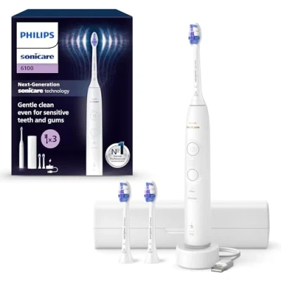 Image of Philips Sonicare 6100 Electric Toothbrush, Sonic Toothbrush with 2 Brushing Modes and 3 Intensity Levels, Pressure Alert, EasyStart, SmarTimer BrushPacer, Travel Case, White, Model HX7400/02