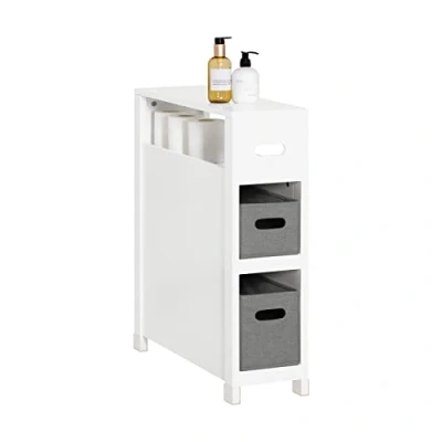 Image of SoBuy BZR83 W, Narrow Bathroom Cabinet Storage Toilet Paper Roll Holder with 2 Fabric Baskets