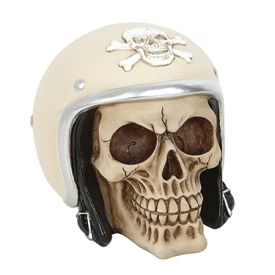 Image of Something Different Wholesale Handpainted Resin Skull Ornament with Retro Motorbike Helmet Gothic Motorcycle Collection Decor, Eye Catching Detailed Figurine