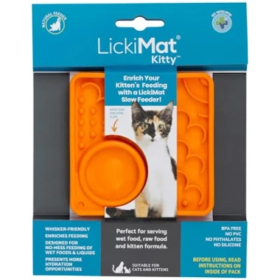Image of LickiMat Kitty Cat Food Mat Slow Feeder with Micro Dish for Added Hydration Perfect Food, Treats, Yoghurt &amp; Anxiety Relief Cats Fun Alternative to a Bowl Orange
