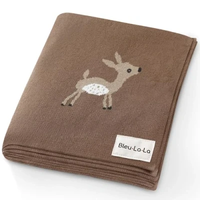 Image of Bleu La Knit Baby Swaddle Blanket 100% Cotton Soft Cozy Receiving Crib Stroller for Shower Gift Registry Newborns, Infants, Toddlers (Deer Mocha)