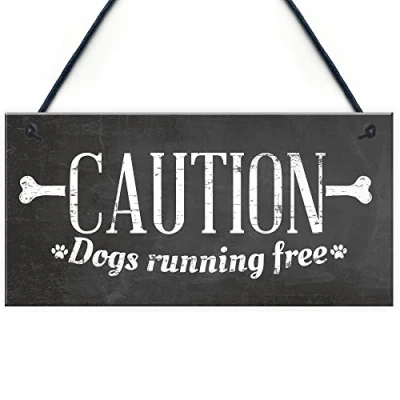 Image of RED OCEAN Caution Beware Dogs Running Free Dog Pet Warning Sign Security Garden Door Wall Plaque