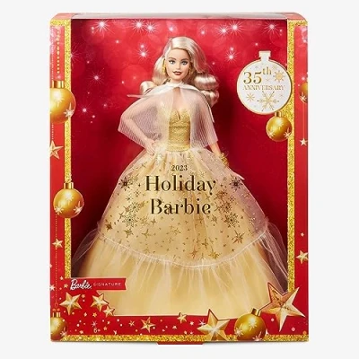 Image of ​2023 Holiday Barbie Doll, Seasonal Collector Gift, Signature, Golden Gown and Displayable Packaging, Blond Hair, HJX08, Ivory, Medium