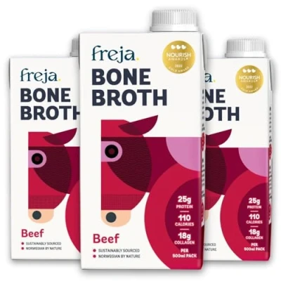 Image of Beef Bone Broth Grass Fed Collagen, Protein &amp; Amino Acids Low Carb, Keto Gluten Free Clear Liquid Broth, not Stock Cubes, Powder or Concentrate 3 x 500ml