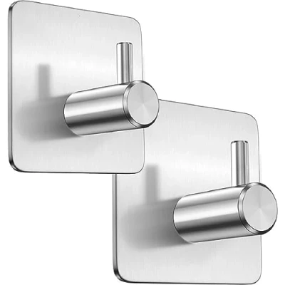 Image of 2 Silver Towel Holder,Self Adhesive,Hooks,Coat Hooks,Robe,Stainless Steel,Bathroom,Back of Door Hook,Sticky,3M,Stick on,Towel Holders for Bathrooms,Tea Towels,Kitchen